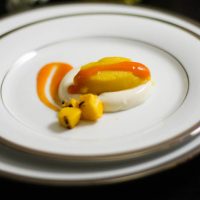 Buttermilk Panna Cotta with Grilled Mango Sorbet