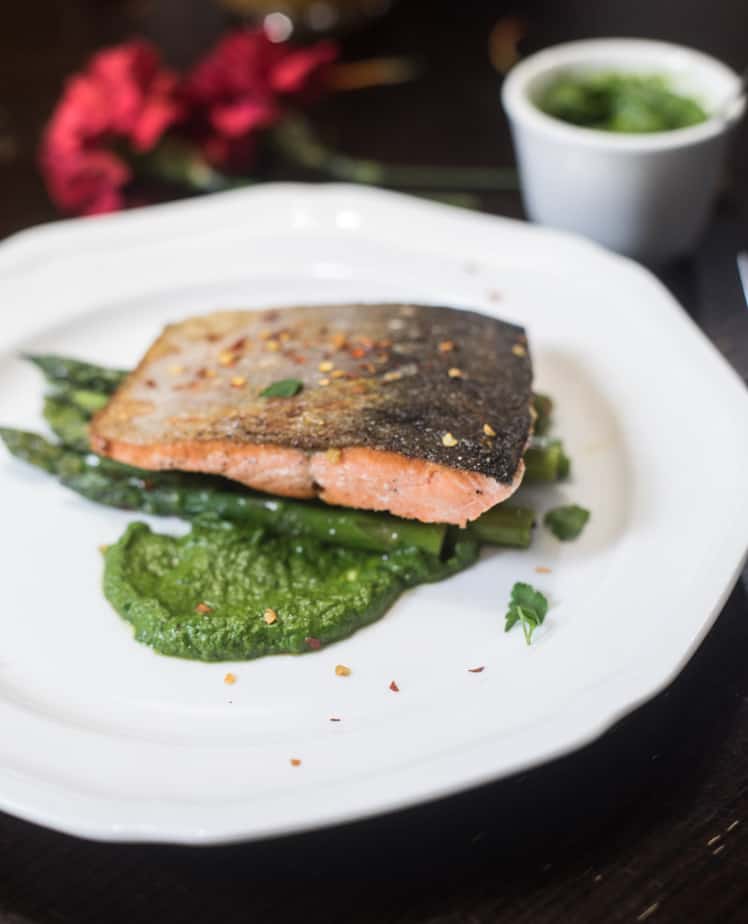 Pan Seared Salmon and Asparagus with Mojo Verde