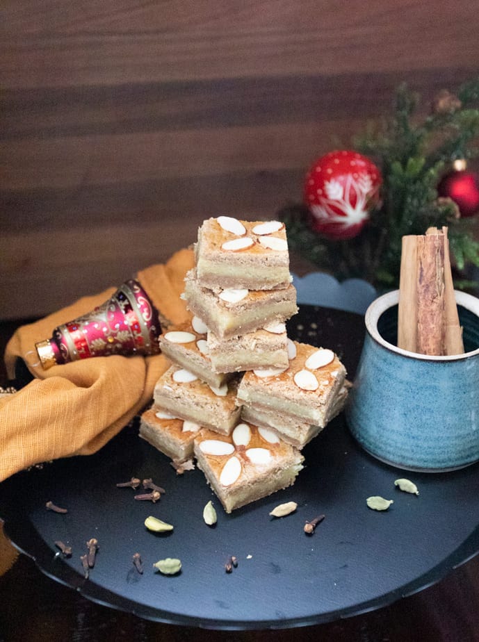 Almond crusted, spiced speculaas cookies filled with almond paste