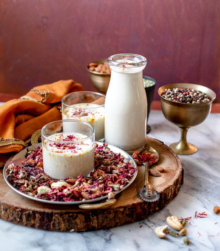 Almond milk infused with sweet spices and rose petals