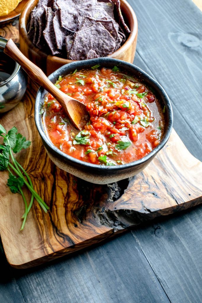 Roasted tomatoes, cilantro and blue corn chips